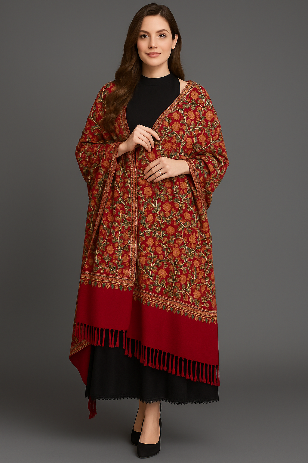 Crimson Embroidered Kashmiri Shawl