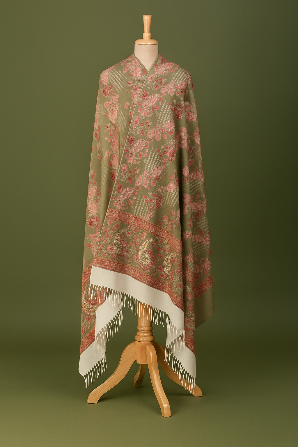Floral Olive Green Printed Ivory Cashmere Shawl