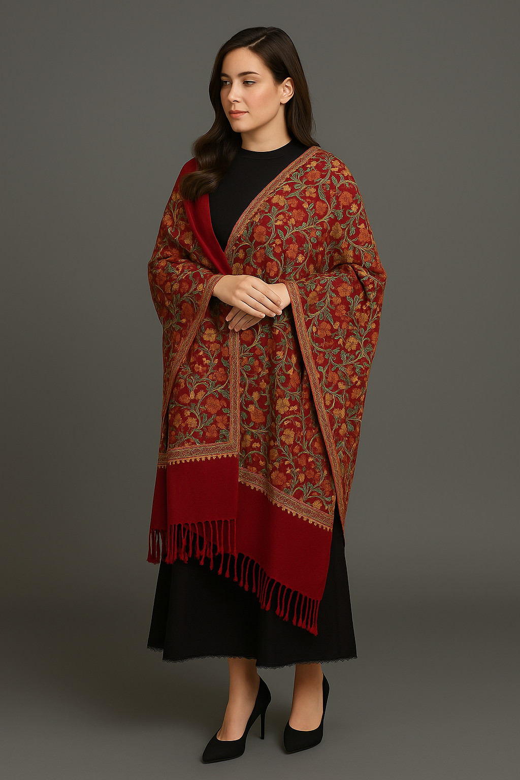 Crimson Embroidered Kashmiri Shawl