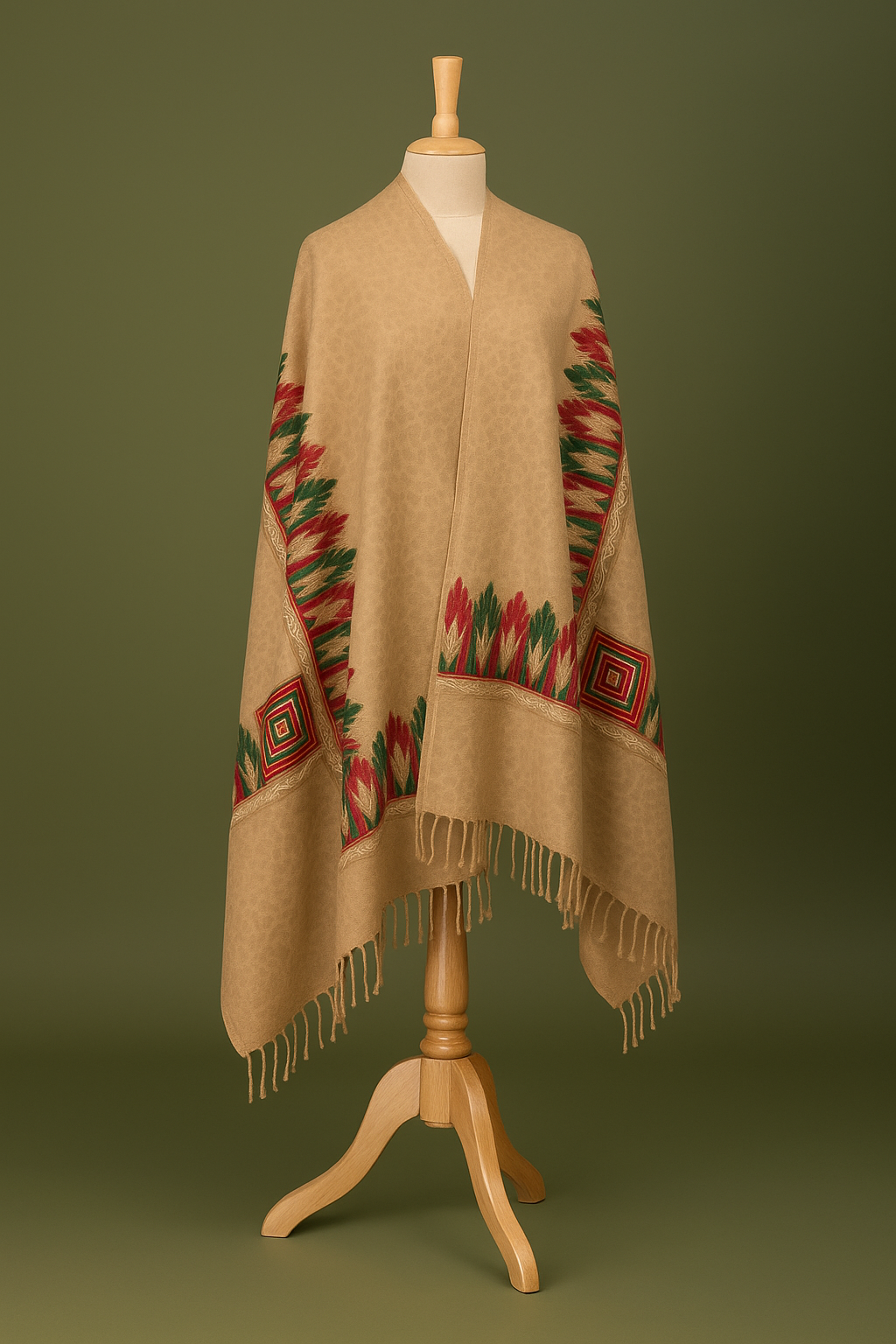 Beige Pashmina with Geometric & Floral Border Embroidery