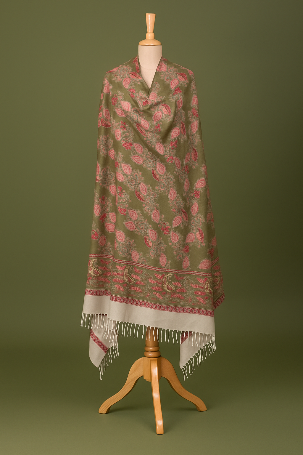 Floral Olive Green Printed Ivory Cashmere Shawl