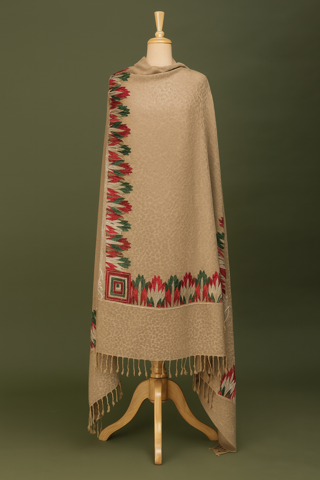 Beige Pashmina with Geometric & Floral Border Embroidery